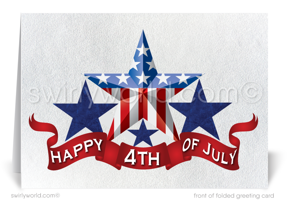 Patriotic American star red, white, and blue celebrating Independence Day; happy 4th of July greeting cards.