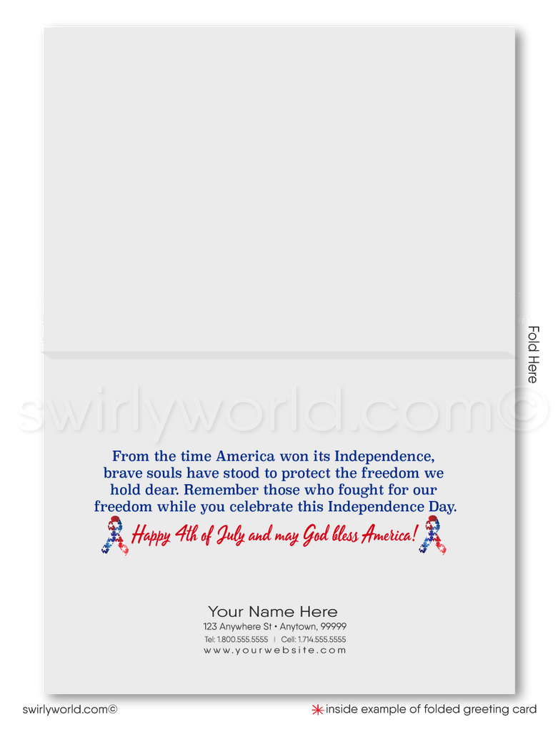 Patriotic American red, white, & blue flag with Bald Eagle celebrating Happy Independence Day; happy 4th of July greeting cards for business.