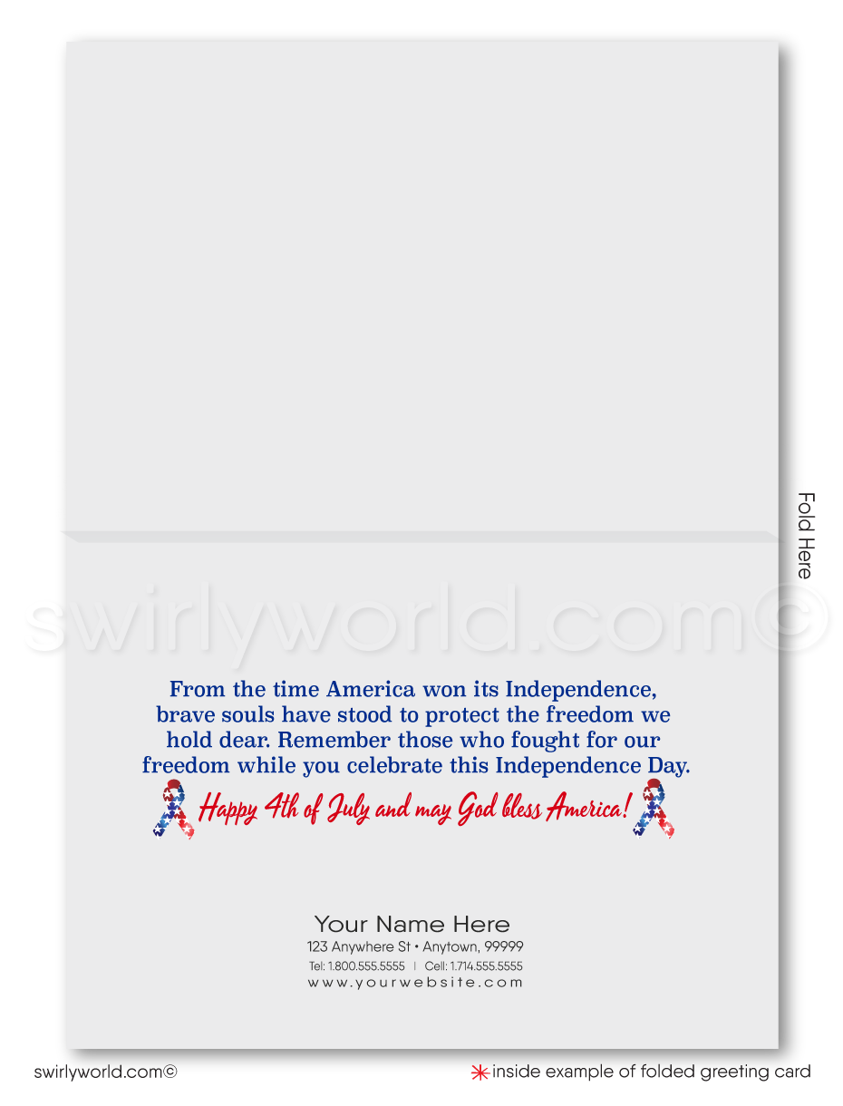 Patriotic American red, white, & blue flag with Bald Eagle celebrating Happy Independence Day; happy 4th of July greeting cards for business.