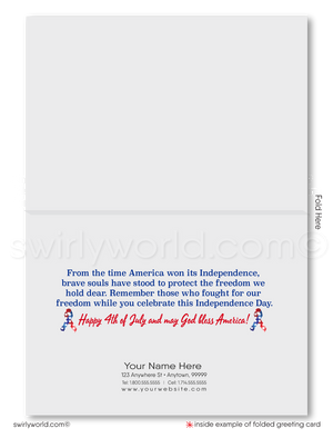 Patriotic American red, white, & blue flag with Bald Eagle celebrating Happy Independence Day; happy 4th of July greeting cards for business.