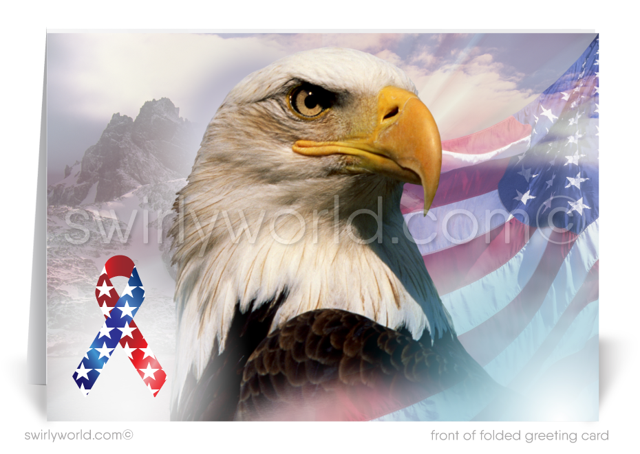 Patriotic American red, white, & blue flag with Bald Eagle celebrating Happy Independence Day; happy 4th of July greeting cards for business.