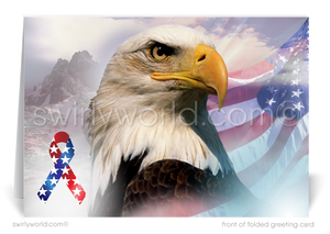 Patriotic American red, white, & blue flag with Bald Eagle celebrating Happy Independence Day; happy 4th of July greeting cards for business.
