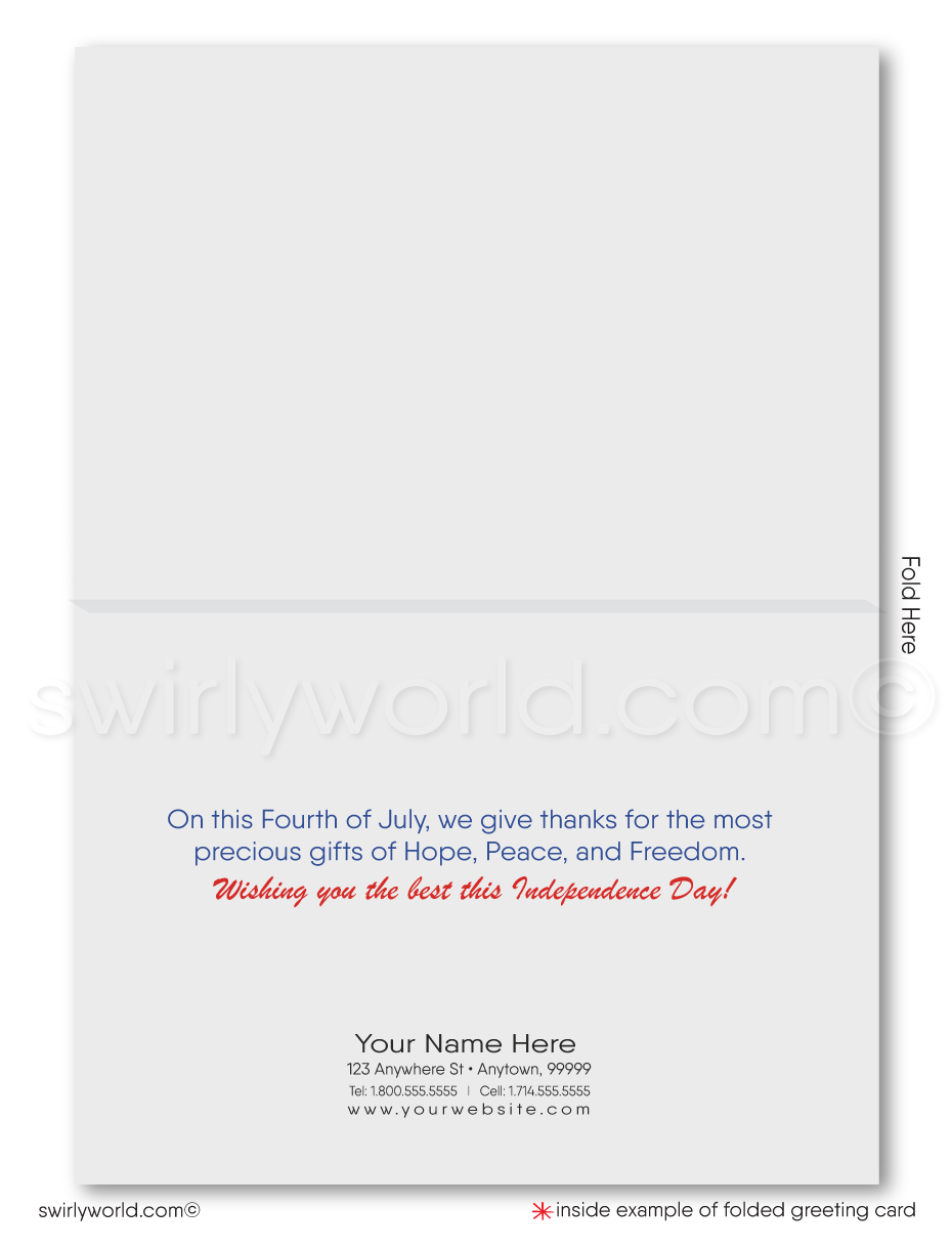 Patriotic American red, white, and blue flag with Bald Eagle celebrating Happy Independence Day; happy 4th of July greeting cards for business.