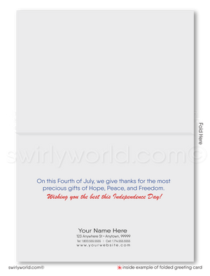 Patriotic American red, white, and blue flag with Bald Eagle celebrating Happy Independence Day; happy 4th of July greeting cards for business.