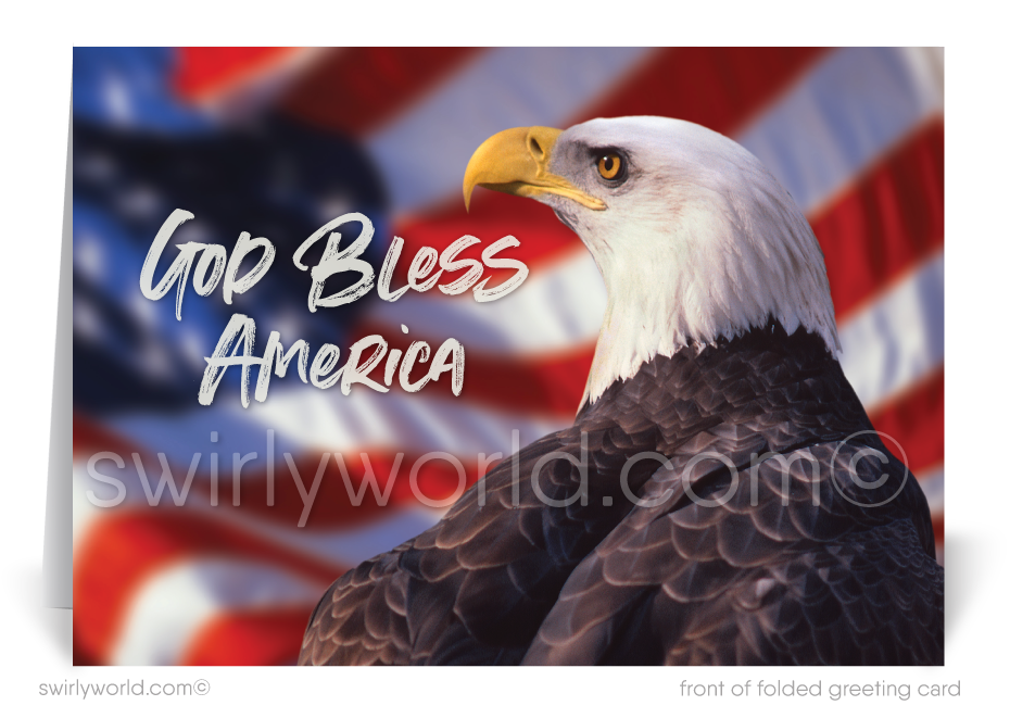 Patriotic American red, white, and blue flag with Bald Eagle celebrating Happy Independence Day; happy 4th of July greeting cards for business.