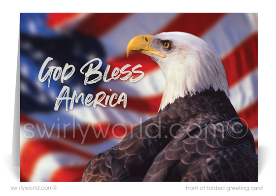 Patriotic American red, white, and blue flag with Bald Eagle celebrating Happy Independence Day; happy 4th of July greeting cards for business.