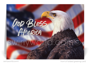 Patriotic American red, white, and blue flag with Bald Eagle celebrating Happy Independence Day; happy 4th of July greeting cards for business.