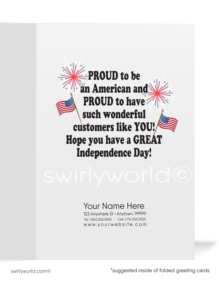 Festive 4th of July greeting card for professionals featuring a patriotic bald eagle and fireworks. Perfect for client connections and business marketing.
