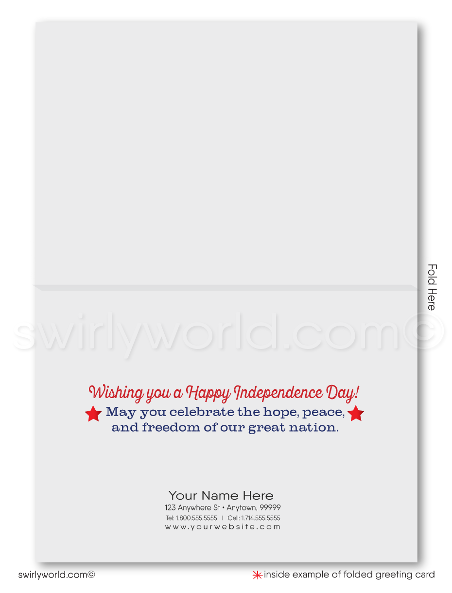Patriotic American red, white, & blue big star celebrating Happy Independence Day; happy 4th of July greeting cards for business.
