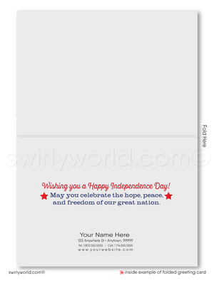 Patriotic American red, white, & blue big star celebrating Happy Independence Day; happy 4th of July greeting cards for business.