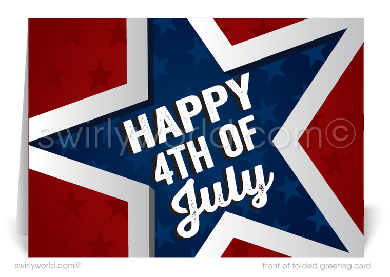 Patriotic American red, white, & blue big star celebrating Happy Independence Day; happy 4th of July greeting cards for business.