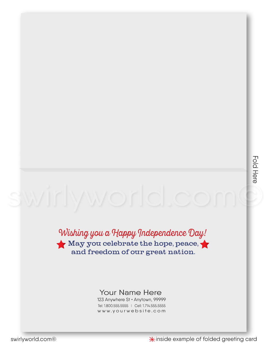 Patriotic American red, white, & blue stars celebrating Happy Independence Day; happy 4th of July greeting cards for business.