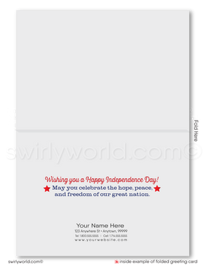 Patriotic American red, white, & blue stars celebrating Happy Independence Day; happy 4th of July greeting cards for business.