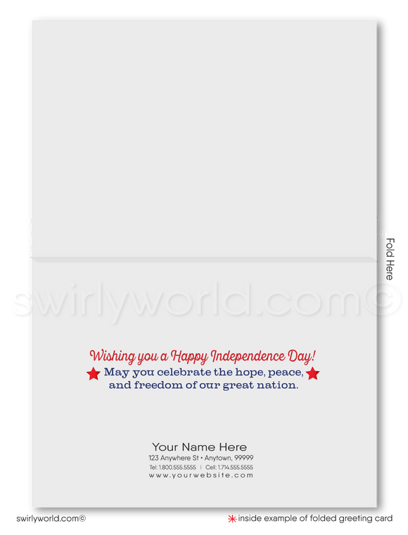 Patriotic American red, white, & blue stars celebrating Happy Independence Day; happy 4th of July greeting cards for business.