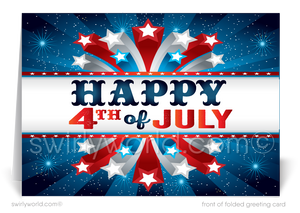 Patriotic American red, white, & blue stars celebrating Happy Independence Day; happy 4th of July greeting cards for business.