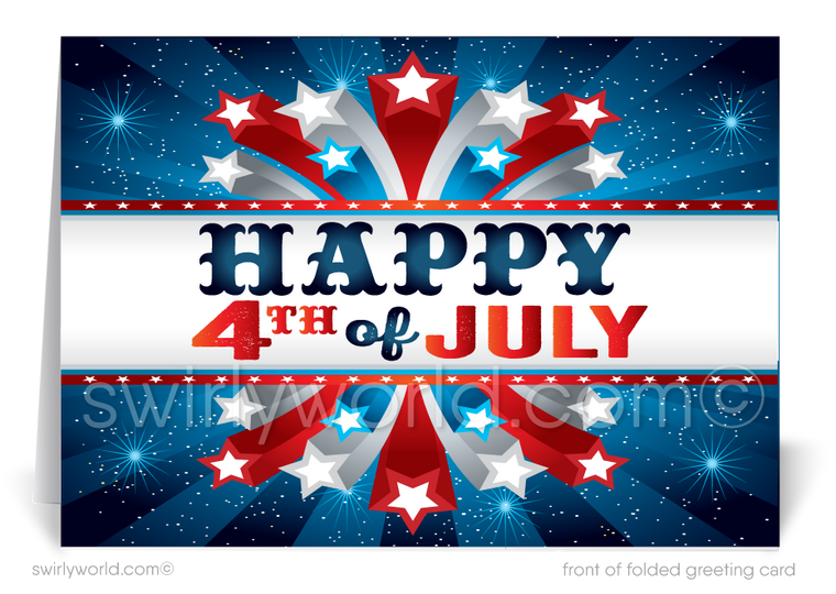 Patriotic American red, white, & blue stars celebrating Happy Independence Day; happy 4th of July greeting cards for business.