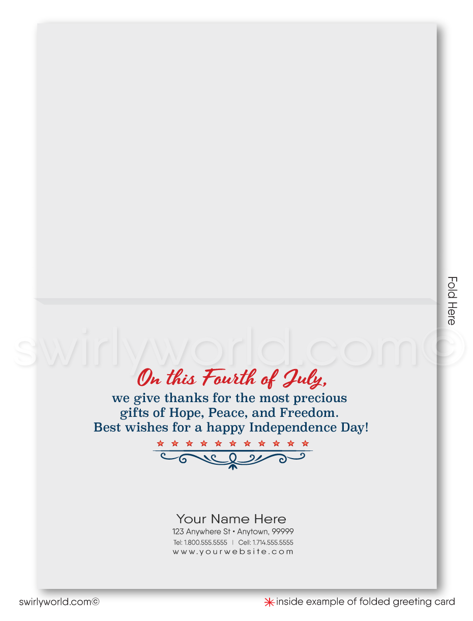 Vintage patriotic American red, white, & blue flag celebrating Happy Independence Day; happy 4th of July greeting cards for business.