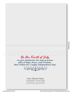 Vintage patriotic American red, white, & blue flag celebrating Happy Independence Day; happy 4th of July greeting cards for business.