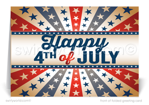 Vintage patriotic American red, white, & blue flag celebrating Happy Independence Day; happy 4th of July greeting cards for business.