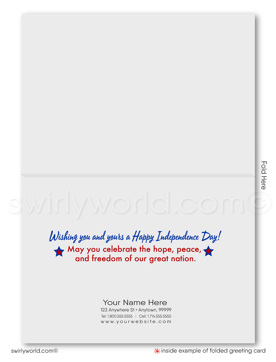 Patriotic American red, white, & blue flag with Bald Eagle celebrating Happy Independence Day; happy 4th of July greeting cards for business.