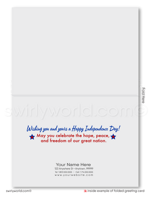 Patriotic American red, white, & blue flag with Bald Eagle celebrating Happy Independence Day; happy 4th of July greeting cards for business.