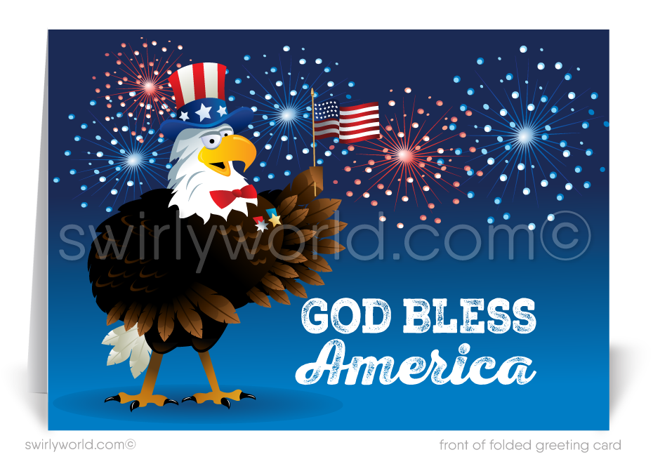 Patriotic American red, white, & blue flag with Bald Eagle celebrating Happy Independence Day; happy 4th of July greeting cards for business.