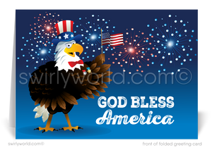 Patriotic American red, white, & blue flag with Bald Eagle celebrating Happy Independence Day; happy 4th of July greeting cards for business.