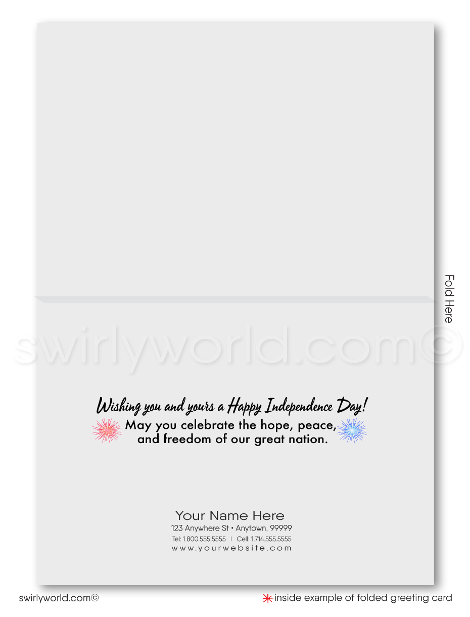  Patriotic American red, white, and blue flag with fireworks celebrating Happy Independence Day; happy 4th of July greeting cards for business.