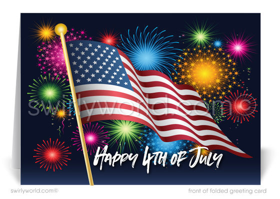  Patriotic American red, white, and blue flag with fireworks celebrating Happy Independence Day; happy 4th of July greeting cards for business.