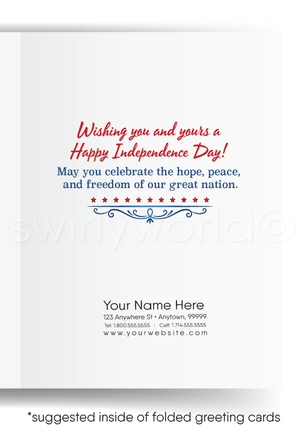 Patriotic American red, white, & blue flag with vintage retro Happy Independence Day; happy 4th of July greeting cards for business.
