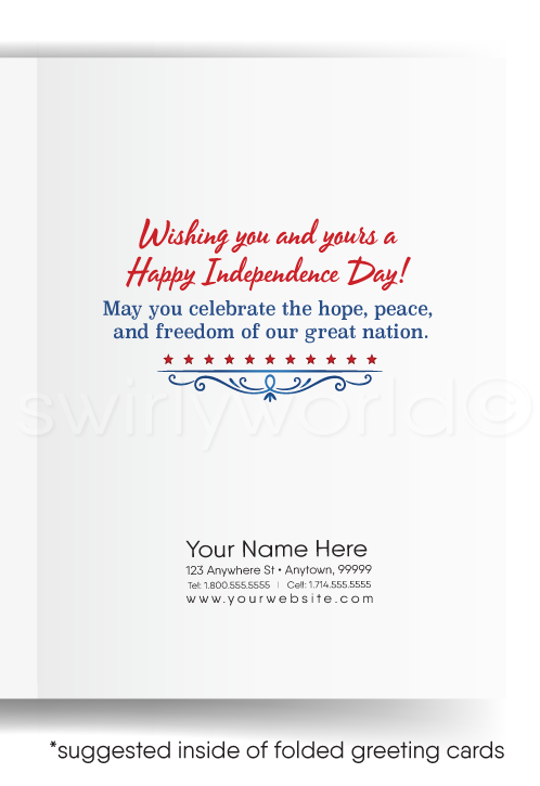 Patriotic American red, white, & blue flag with vintage retro Happy Independence Day; happy 4th of July greeting cards for business.