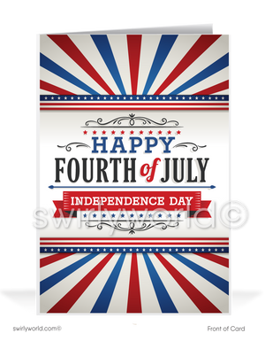 Patriotic American red, white, & blue flag with vintage retro Happy Independence Day; happy 4th of July greeting cards for business.