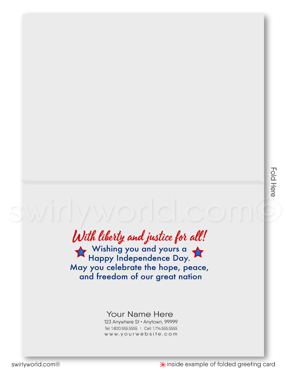 Patriotic American red, white, and blue flag Statue of Liberty celebrating Happy Independence Day; happy 4th of July greeting cards for business.