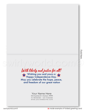 Patriotic American red, white, and blue flag Statue of Liberty celebrating Happy Independence Day; happy 4th of July greeting cards for business.