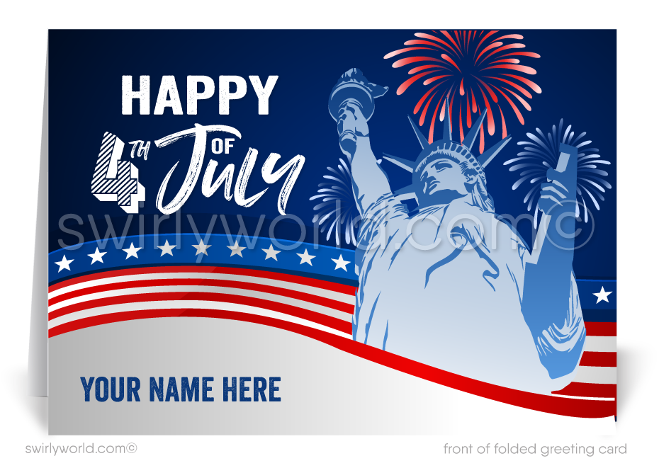 Patriotic American red, white, and blue flag Statue of Liberty celebrating Happy Independence Day; happy 4th of July greeting cards for business.