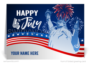 Patriotic American red, white, and blue flag Statue of Liberty celebrating Happy Independence Day; happy 4th of July greeting cards for business.