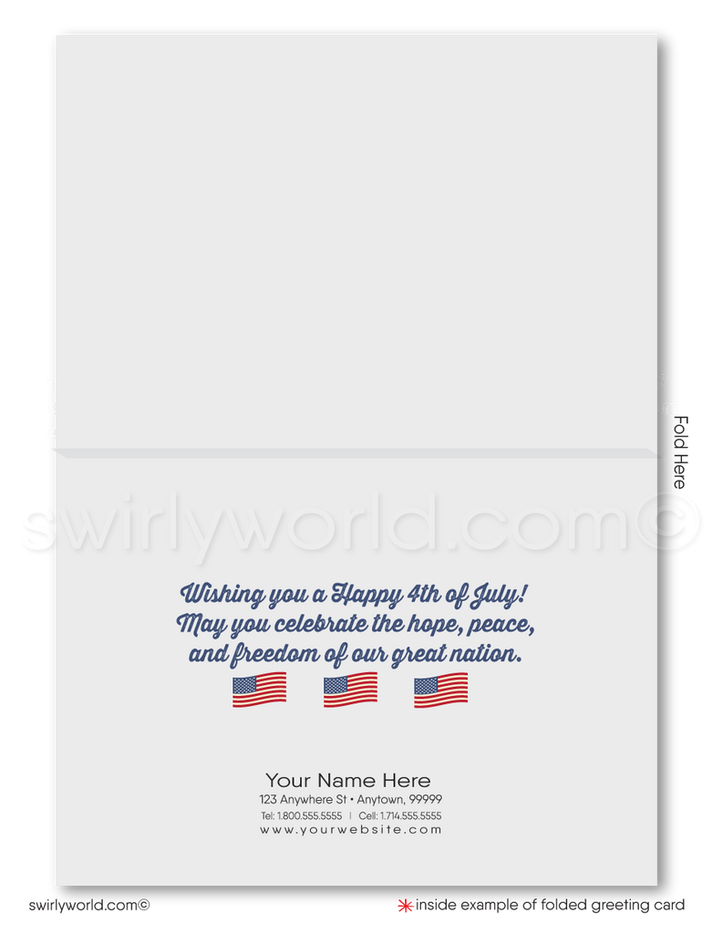 Patriotic American red, white, & blue flag with Uncle Sam celebrating Happy Independence Day; happy 4th of July greeting cards for business.