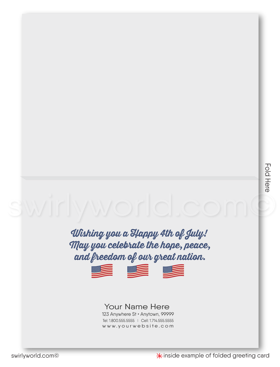 Patriotic American red, white, & blue flag with Uncle Sam celebrating Happy Independence Day; happy 4th of July greeting cards for business.