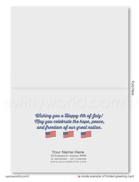 Patriotic American red, white, & blue flag with Uncle Sam celebrating Happy Independence Day; happy 4th of July greeting cards for business.