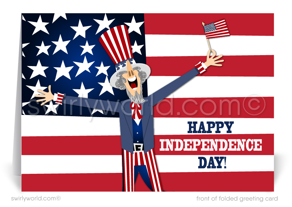 Patriotic American red, white, & blue flag with Uncle Sam celebrating Happy Independence Day; happy 4th of July greeting cards for business.