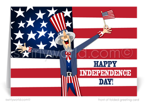 Patriotic American red, white, & blue flag with Uncle Sam celebrating Happy Independence Day; happy 4th of July greeting cards for business.