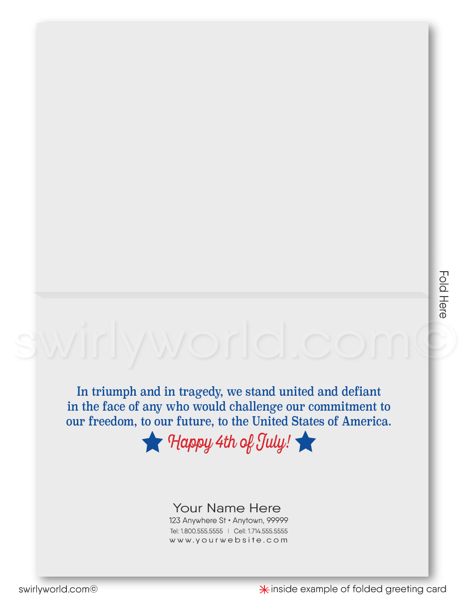 Vintage patriotic American red, white, & blue flag celebrating Happy Independence Day; happy 4th of July greeting cards for business.