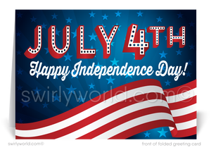 Vintage patriotic American red, white, & blue flag celebrating Happy Independence Day; happy 4th of July greeting cards for business.