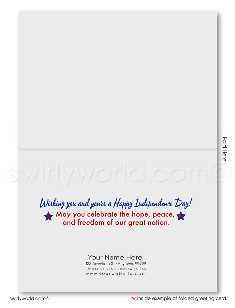 Patriotic American red, white, & blue flag celebrating Happy Independence Day; happy 4th of July greeting cards for business.