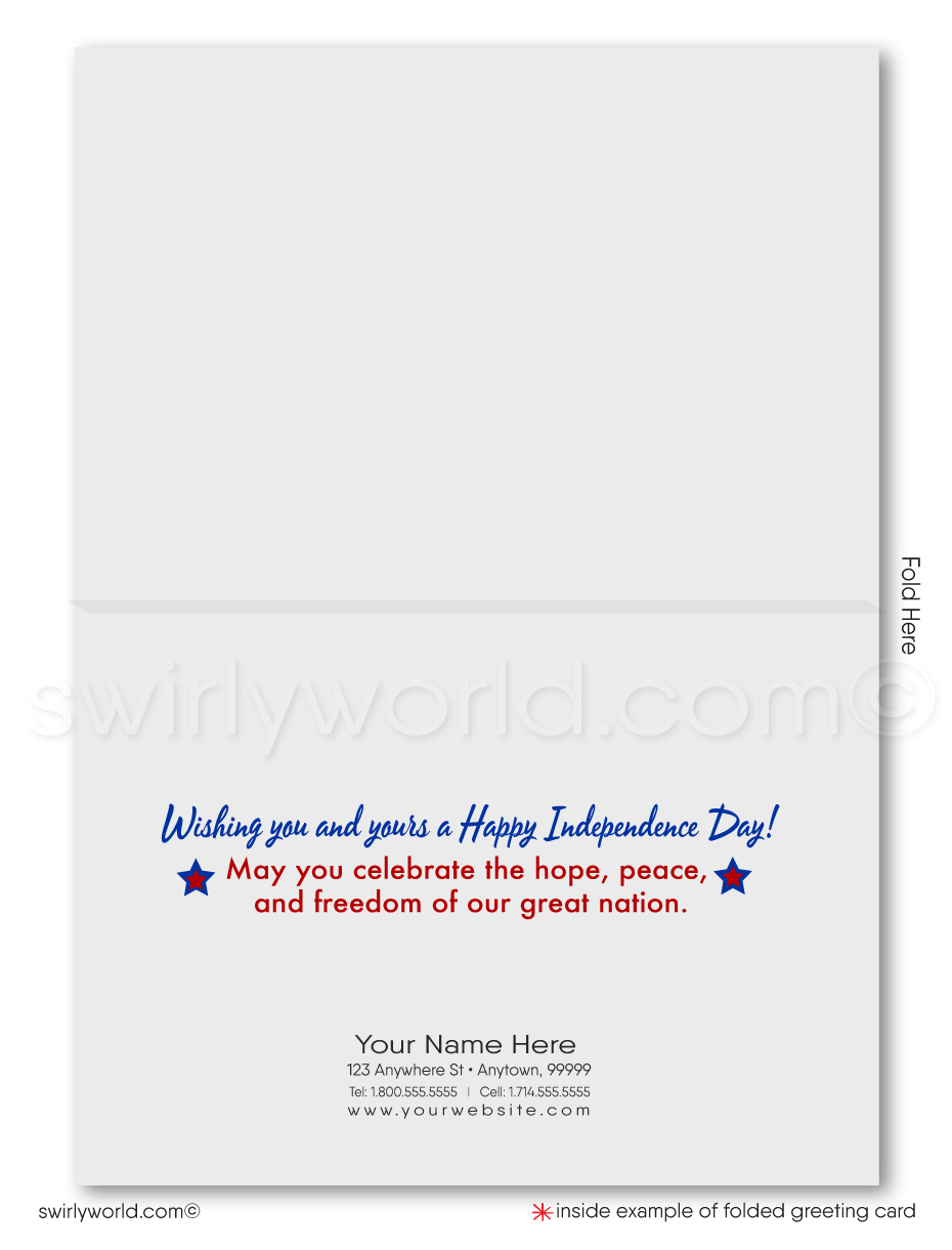 Patriotic American red, white, & blue flag celebrating Happy Independence Day; happy 4th of July greeting cards for business.