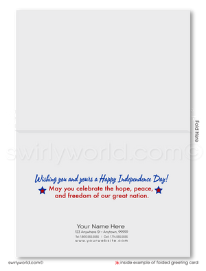 Patriotic American red, white, & blue flag celebrating Happy Independence Day; happy 4th of July greeting cards for business.