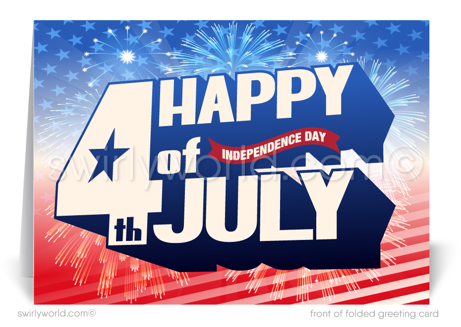 Patriotic American red, white, & blue flag celebrating Happy Independence Day; happy 4th of July greeting cards for business.