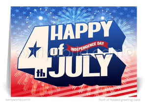 Patriotic American red, white, & blue flag celebrating Happy Independence Day; happy 4th of July greeting cards for business.
