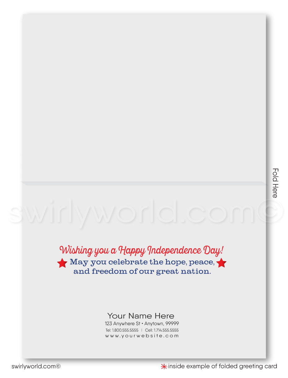 Patriotic American Flag with fireworks celebrate Independence Day; happy 4th of July greeting card marketing for business professionals.