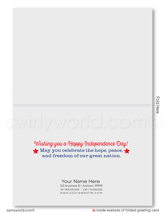 Patriotic American Flag with fireworks celebrate Independence Day; happy 4th of July greeting card marketing for business professionals.